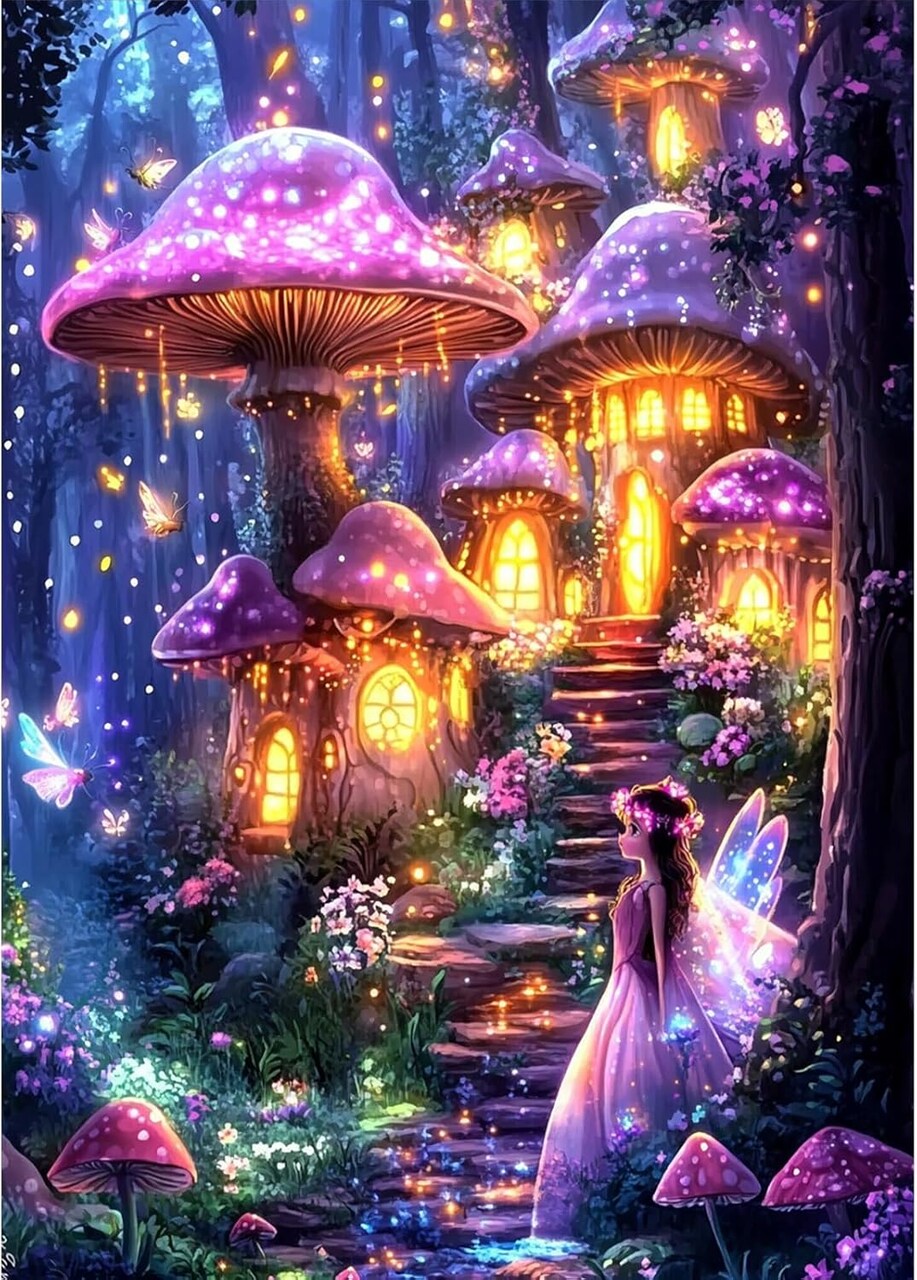 Diamond Paintings of Mushroom House, Diamond Art Kits for Adults, 5D Fantasy Art Landscapes Diamond Art Kits, Diamond Paintings for Home Décor Items, Extra 30% Diamonds, 12x16in